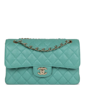 fake designer bags Chanel Small Iridescent Caviar Classic Double Flap in Turquoise with Light Gold Hardware front_1