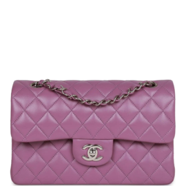 fake designer bags Chanel Small Lambskin Classic Double Flap Bag in Purple with Silver Hardware front_1