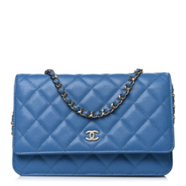 fake designer bags Chanel Small Quilted Caviar Wallet on Chain WOC in Blue with Gold Hardware front_1