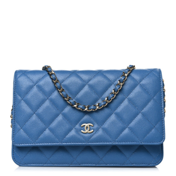 fake designer bags Chanel Small Quilted Caviar Wallet on Chain WOC in Blue with Gold Hardware front_1