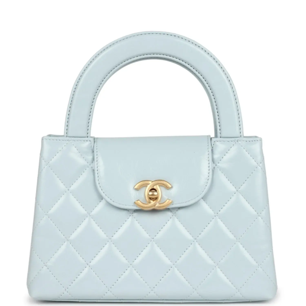 fake designer bags Chanel Small Shiny Aged Calfskin Kelly Shopper in Light Blue with Brushed Gold Hardware front_1