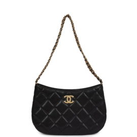 fake designer bags Chanel Small Shiny Caviar Hobo Bag in Black with Brushed Gold Hardware front