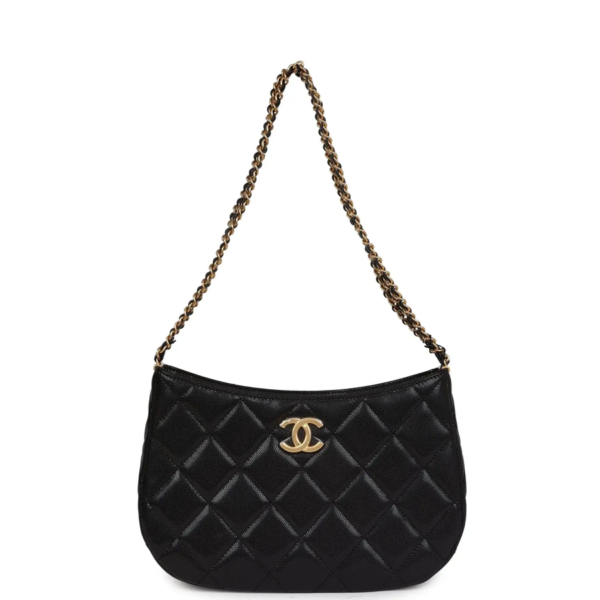 fake designer bags Chanel Small Shiny Caviar Hobo Bag in Black with Brushed Gold Hardware front