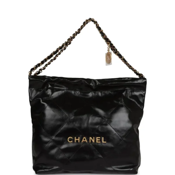 fake designer bags Chanel Small Shiny Crumpled Calfskin 22 Bag in Black with Gold Hardware front