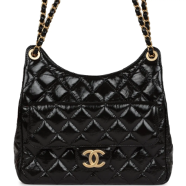 Chanel Small Shiny Crumpled Calfskin CC Hobo Bag in Black with Gold Hardware front Chanel Small Shiny Crumpled Calfskin CC Hobo Bag in Black with Gold Hardware front