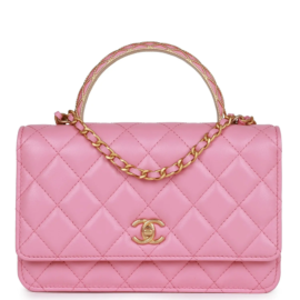 fake designer bags Chanel Small Top Handle Lambskin Wallet on Chain WOC in Pink with Gold Hardware front_1