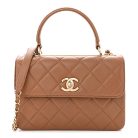 fake designer bags Chanel Small Trendy CC Quilted Lambskin Dual Handle Flap Bag in Camel with Gold Hardware front_1