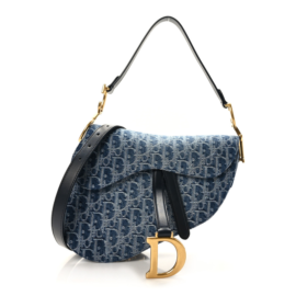 fake designer bags Dior Denim Oblique Jacquard Saddle Bag With Strap in Blue with Gold Hardware front