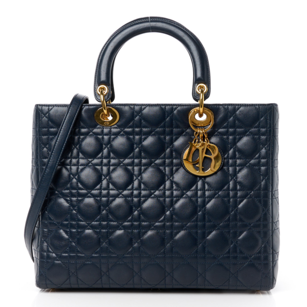 fake designer bags Dior Large Cannage Lambskin Lady Dior in Navy Blue with Polished Gold Hardware front