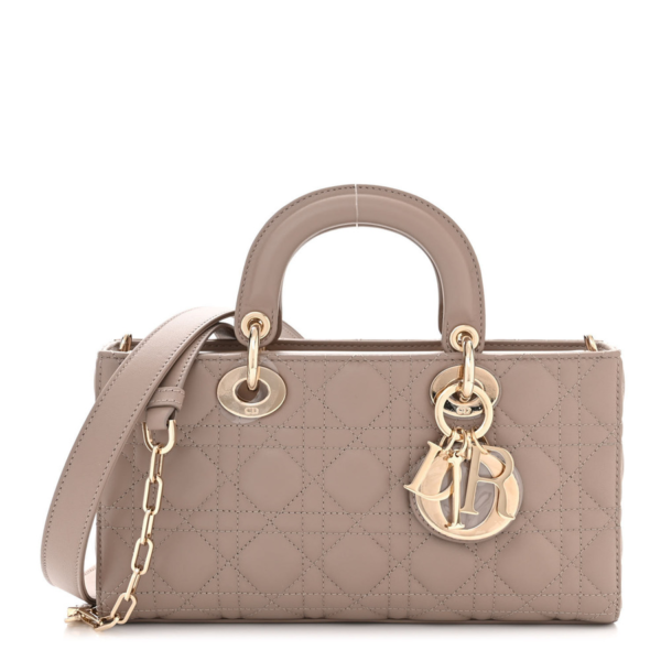 fake designer bags Dior Medium Cannage Lambskin Lady D-Joy in Warm Taupe with Light Gold Hardware front