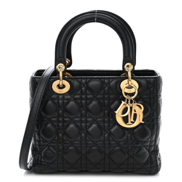 fake designer bags Dior Medium Cannage Lambskin Lady Dior in Black with Gold Hardware front