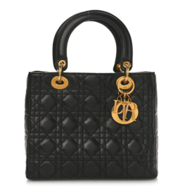 fake designer bags Dior Medium Cannage Lambskin Lady Dior in Black with Gold Hardware front