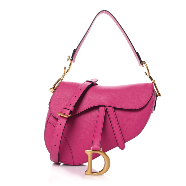 fake designer bags Dior Medium Grained Calfskin Saddle Bag With Strap in Fuchsia with Gold Hardware front