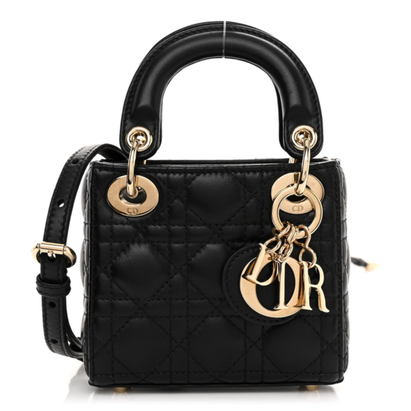 fake designer bags Dior Micro Cannage Lambskin Lady Dior in Black with Polished Gold Hardware front