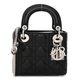 fake designer bags Dior Mini Cannage Lambskin Lady Dior in Black with Polished Silver Hardware front