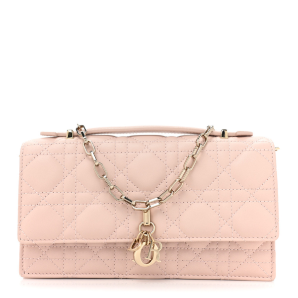 fake designer bags Dior Mini Cannage Lambskin My Dior Top Handle Clutch in Rose Poudre with Gold Hardware front