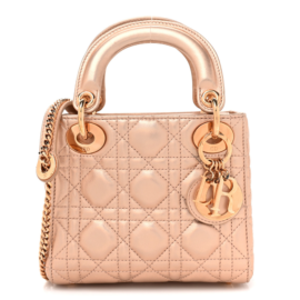 fake designer bags Dior Mini Cannage Metallic Lambskin Lady Dior in Gold with Rose Gold Hardware front