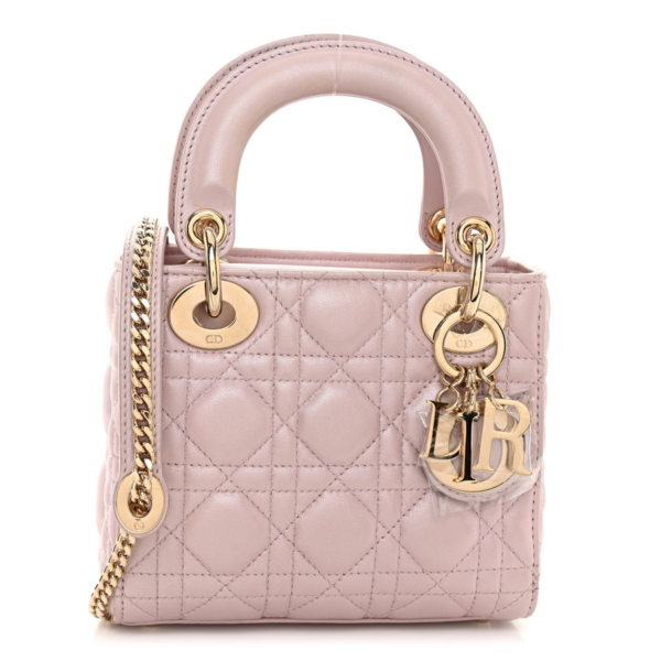 fake designer bags Dior Mini Metallic Lambskin Cannage Lady Dior in Lotus with Light Gold Hardware front