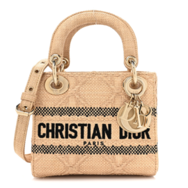 fake designer bags Dior Mini Raffia Woven Cannage Embroidered Lady D-Lite in Natural Black with Gold Hardware front