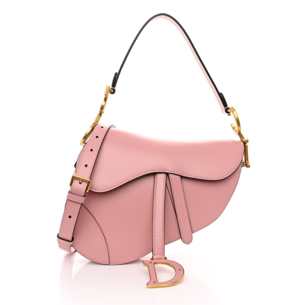 fake designer bags Dior Mini Smooth Calfskin Saddle Bag With Strap in Antique Pink with Antiqued Gold Hardware front