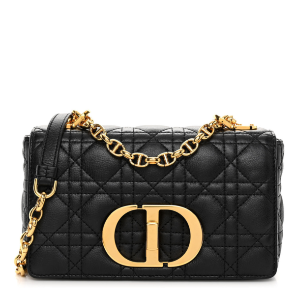 fake designer bags Dior Small Cannage Calfskin Caro Bag in Black with Gold Hardware front