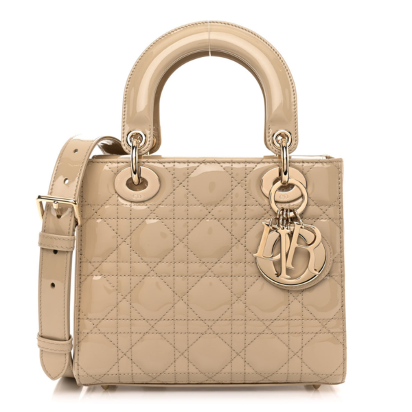 fake designer bags Dior Small Cannage Patent Lady Dior in Beige with Gold Hardware front