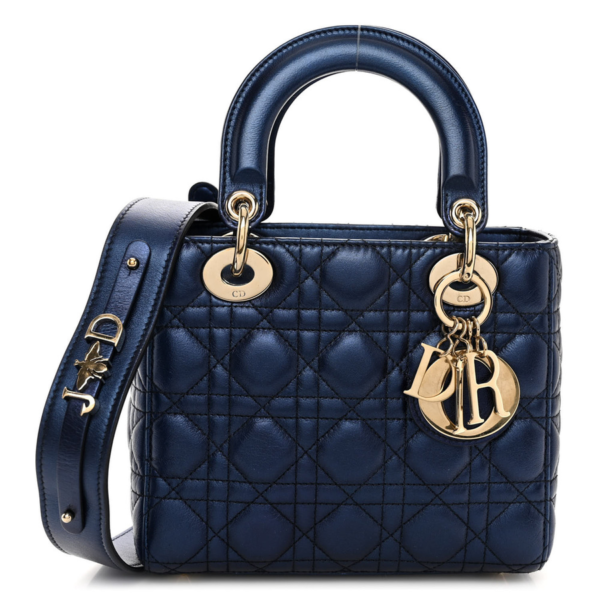 fake designer bags Dior Small Metallic Cannage Lambskin My ABCDior Lady Dior in Blue with Gold Hardware front