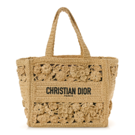 fake designer bags Dior Small Woven Raffia Floral Embellished Book Tote in Natural front