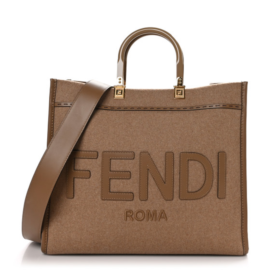 fake designer bags Fendi Flannel Vitello King Wool Plexiglass FF Logo Embroidered Medium Fendi Sunshine Shopper Tote in Brown with Gold Hardware front