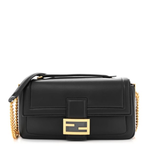 fake designer bags Fendi Nappa Apolo Chain Baguette Small in Black with Gold Hardware front