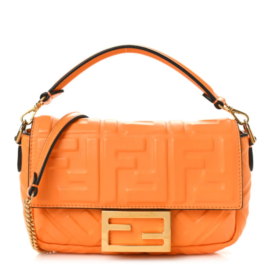 fake designer bags Fendi Nappa Baguette Mini FF 1974 Embossed in Clementine with Gold Hardware front