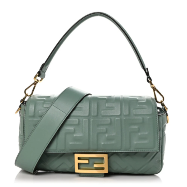 fake designer bags Fendi Nappa Embossed Baguette Medium FF 1974 in Menta with Gold Hardware front