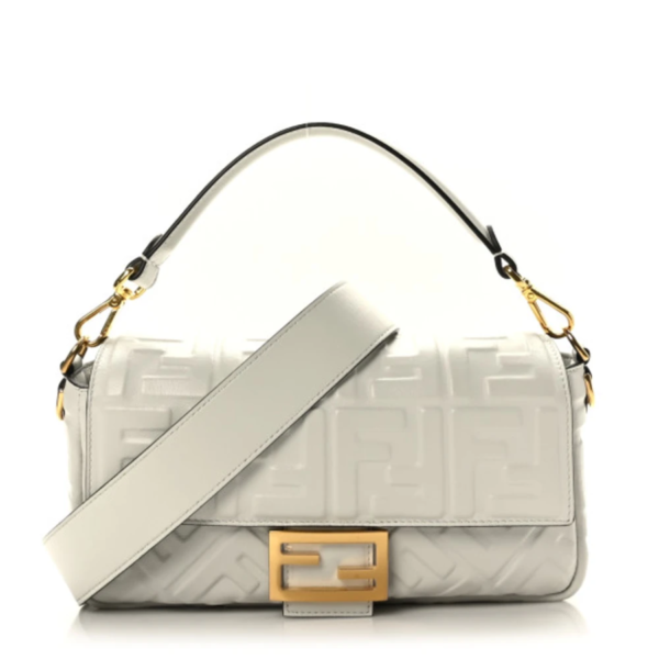 fake designer bags Fendi Nappa Embossed Baguette Medium FF 1974 in White with Gold Hardware front