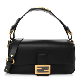 fake designer bags Fendi Nappa Friends Of Fendi Medium Baguette in Black with Gold Hardware front