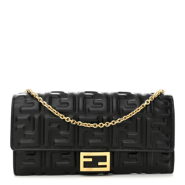 fake designer bags Fendi Nappa Matisse Continental Wallet On Chain Mini FF Embossed in Black with Gold Hardware front