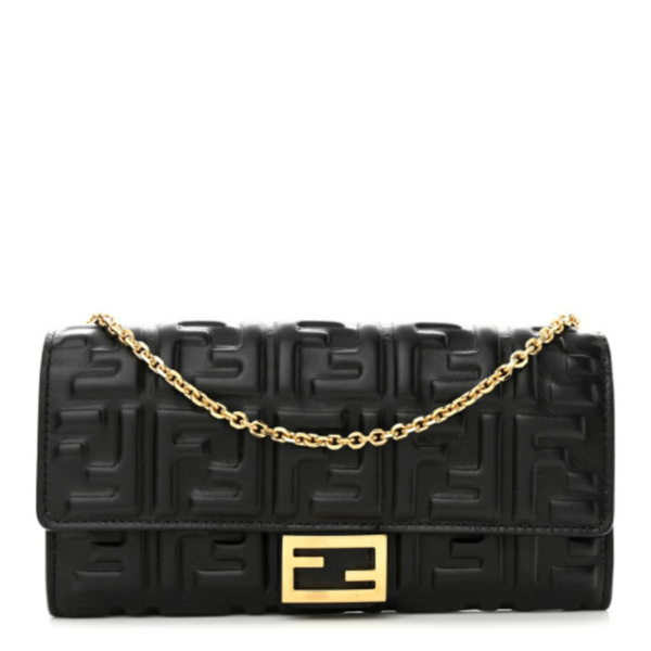 fake designer bags Fendi Nappa Matisse Continental Wallet On Chain Mini FF Embossed in Black with Gold Hardware front