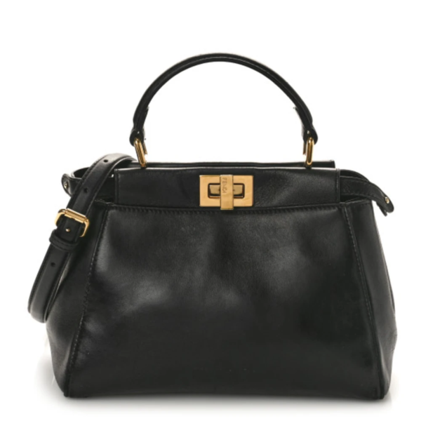 fake designer bags Fendi Nappa Peekaboo Iconic Satchel Mini in Black with Gold Hardware front