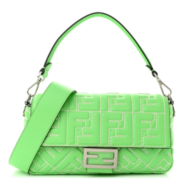 fake designer bags Fendi Nappa Stitched Baguette Small FF 1974 Embossed in Edamame with Gold Hardware front