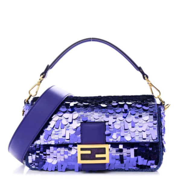 fake designer bags Fendi Sequin Paillettes Shiny Nappa Sex and the City Small Baguette in Viola Purple Rain with Gold Hardware front