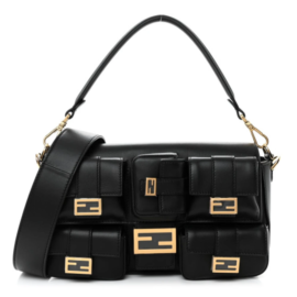 fake designer bags Fendi Shiny Nappa Multipocket Baguette Medium in Black with Gold Hardware front