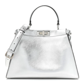 fake designer bags Fendi Vitello Catalan Mirror Peekaboo Iconic Satchel Medium in Argento with Silver Hardware front