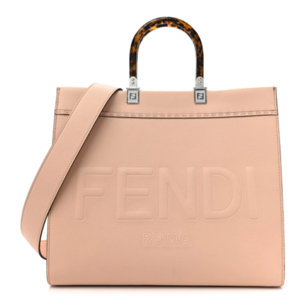 fake designer bags Fendi Vitello King Plexiglass Logo Embossed Medium Fendi Sunshine Shopper Tote in Light Rose with Gold Hardware front