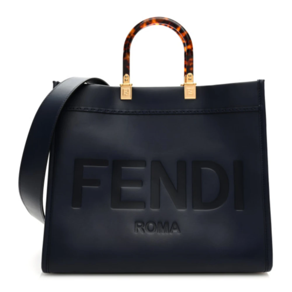 fake designer bags Fendi Vitello King Plexiglass Logo Embossed Medium Fendi Sunshine Shopper Tote in Midnight with Gold Hardware front