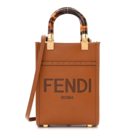 fake designer bags Fendi Vitello King Plexiglass Logo Embossed Mini Fendi Sunshine Shopper Tote in Cuoio with Gold Hardware front