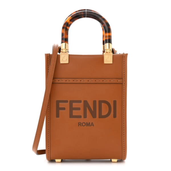 fake designer bags Fendi Vitello King Plexiglass Logo Embossed Mini Fendi Sunshine Shopper Tote in Cuoio with Gold Hardware front