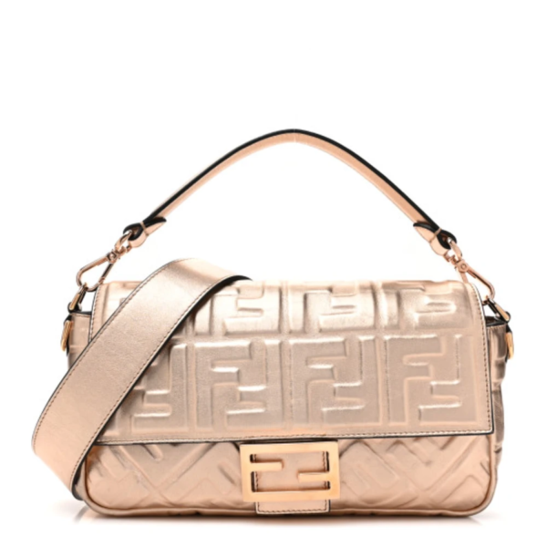 fake designer bags Fendi Vitello Laminato Baguette Medium FF 1974 Embossed in Rame with Gold Hardware front