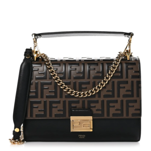 fake designer bags Fendi Vitello Liberty Chain Strap Kan U Shoulder Bag Small FF 1974 Embossed in Black Maya with Gold Hardware front