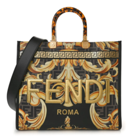 fake designer bags Fendi X VERSACE Calfskin Plexiglass Fendace FF Baroque Print Medium Fendi Sunshine Shopper Tote in Black with Gold Gold Hardware front