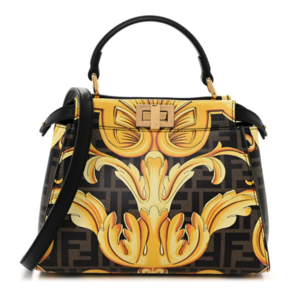 fake designer bags Fendi X VERSACE Vitello Seta Nappa Fendace FF Baroque Mini Peekaboo Iconic Satchel in Gold Tobacco Black with Gold Hardware front