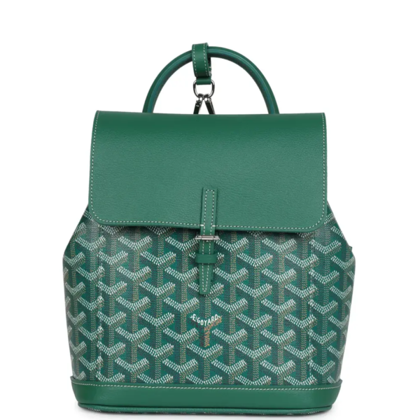 fake designer bags Goyard Goyardine Canvas Alpin Backpack in Green with Palladium Hardware front